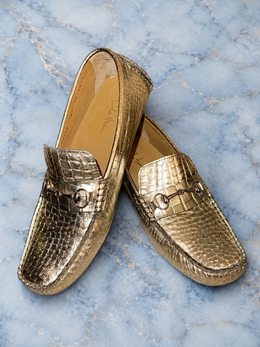 Cole Haan Shelby Bit Metallic Gold Croc Embossed Leather Driver Loafers 7.5B